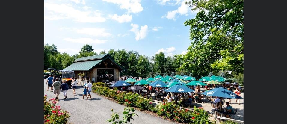 The Biergarten with umbrellas and tables