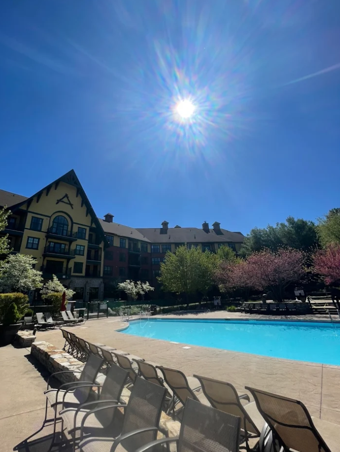Pool and lounge chairs at The Appalachian at Mountain Creek